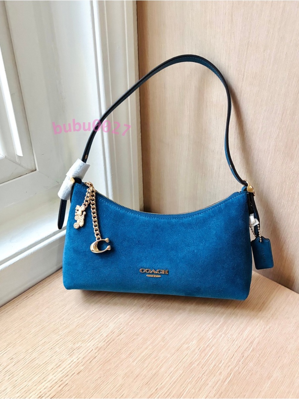 NWT🦋Coach Emeilia Suede Shoulder Bag Blue Jay CFN73 Carriage Charm New Color